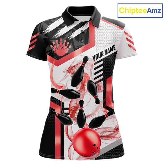 Custom Smoke Bowling Pins Polo & Quarter Zip Shirt For Women, Bowling League Team Jersey |Red TDM6523