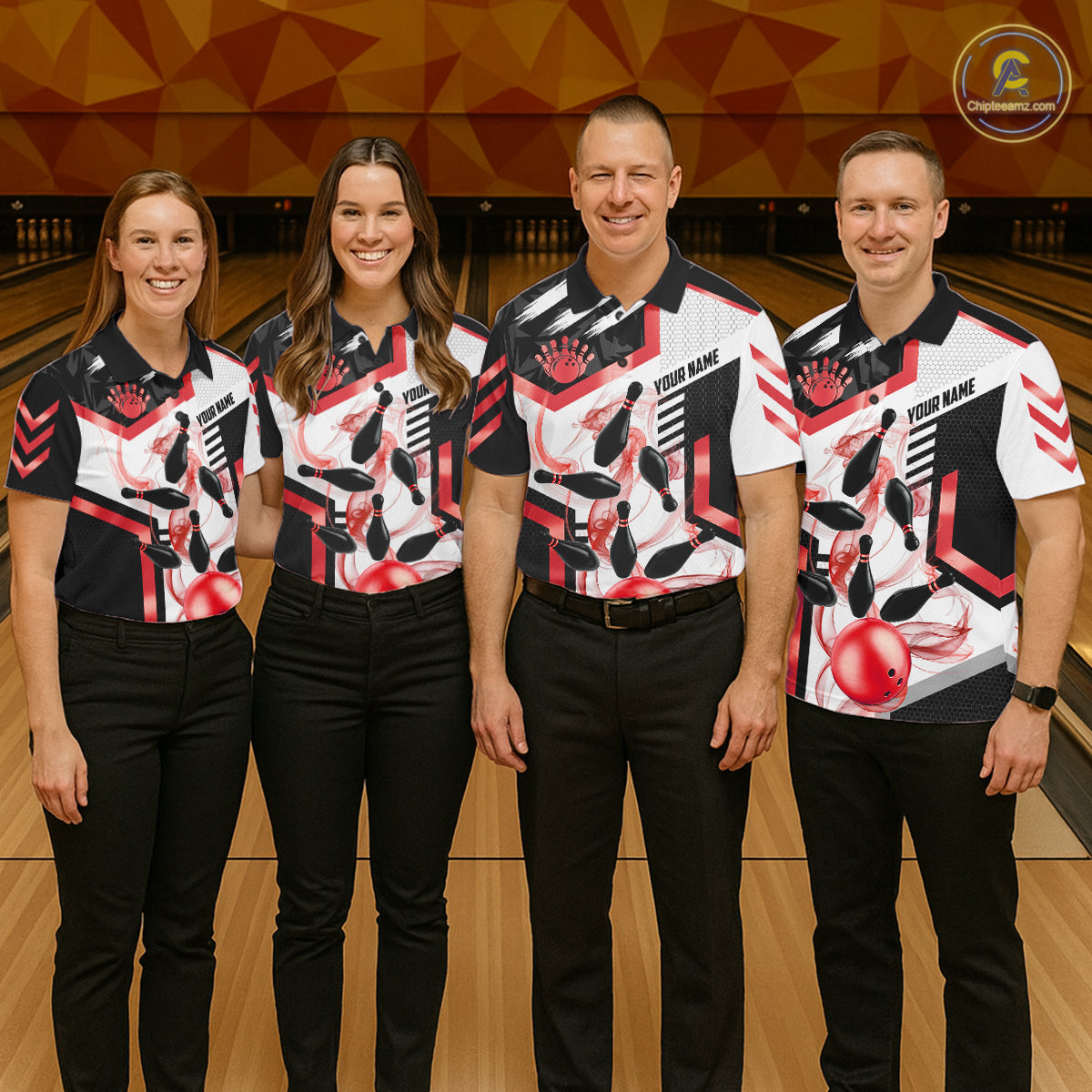 Custom Smoke Bowling Pins Polo & Quarter Zip Shirt For Women, Bowling League Team Jersey |Red TDM6523