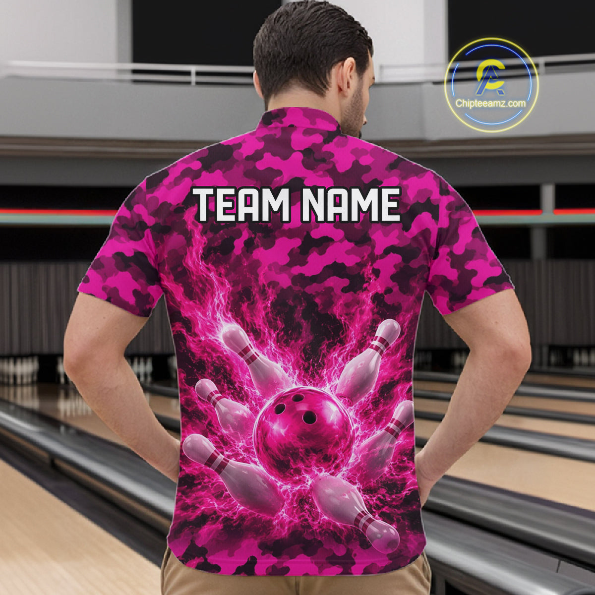 Custom Pink Camo Lightning Flame Bowling Jersey For Men, Bowling Team Shirts Polo & 1/4 Zip TDM6524