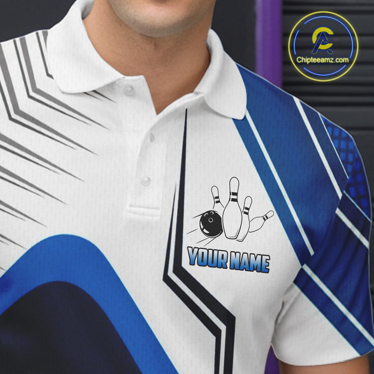Custom White And Blue Bowling Ball Polo & Quarter Zip For Men, Bowling Team Shirts, Bowling Jersey TDM6525