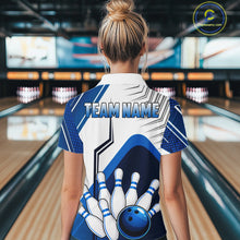 Load image into Gallery viewer, Custom White And Blue Bowling Ball Polo &amp; Quarter Zip For Women, Bowling Team Shirts, Bowling Jersey TDM6525