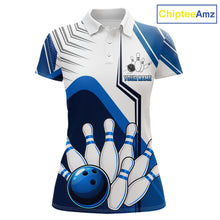 Load image into Gallery viewer, Custom White And Blue Bowling Ball Polo &amp; Quarter Zip For Women, Bowling Team Shirts, Bowling Jersey TDM6525