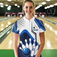 Load image into Gallery viewer, Custom White And Blue Bowling Ball Polo &amp; Quarter Zip For Women, Bowling Team Shirts, Bowling Jersey TDM6525
