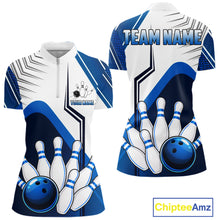 Load image into Gallery viewer, Custom White And Blue Bowling Ball Polo &amp; Quarter Zip For Women, Bowling Team Shirts, Bowling Jersey TDM6525