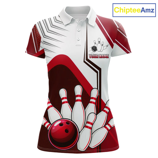 Custom White And Red Bowling Ball Polo & Quarter Zip For Women, Bowling Team Shirts, Bowling Jersey TDM6526
