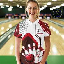 Load image into Gallery viewer, Custom White And Red Bowling Ball Polo &amp; Quarter Zip For Women, Bowling Team Shirts, Bowling Jersey TDM6526