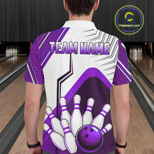 Load image into Gallery viewer, Custom White And Purple Bowling Ball Polo &amp; Quarter Zip For Men, Bowling Team Shirt, Bowling Jersey TDM6527
