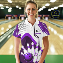 Load image into Gallery viewer, Custom White And Purple Bowling Ball Polo &amp; Quarter Zip For Women, Bowling Team Shirt, Bowling Jersey TDM6527