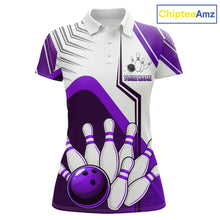 Load image into Gallery viewer, Custom White And Purple Bowling Ball Polo &amp; Quarter Zip For Women, Bowling Team Shirt, Bowling Jersey TDM6527
