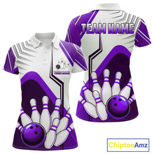 Load image into Gallery viewer, Custom White And Purple Bowling Ball Polo &amp; Quarter Zip For Women, Bowling Team Shirt, Bowling Jersey TDM6527
