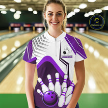 Load image into Gallery viewer, Custom White And Purple Bowling Ball Polo &amp; Quarter Zip For Women, Bowling Team Shirt, Bowling Jersey TDM6527