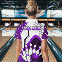 Load image into Gallery viewer, Custom White And Purple Bowling Ball Polo &amp; Quarter Zip For Women, Bowling Team Shirt, Bowling Jersey TDM6527