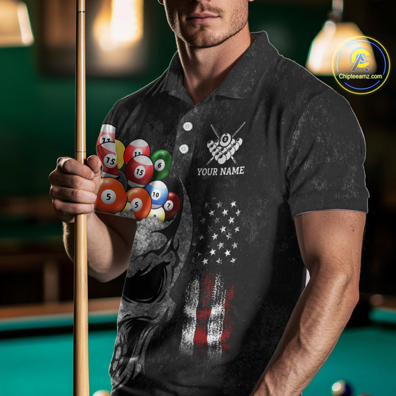 Personalized Grunge Skull Billiard Shirt For Men Custom Patriotic American Flag Pool Team Jerseys TDM4196