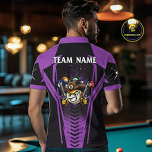 Load image into Gallery viewer, Back view of man wearing a purple 9 ball cowboy pool shirt in a billiards hall.