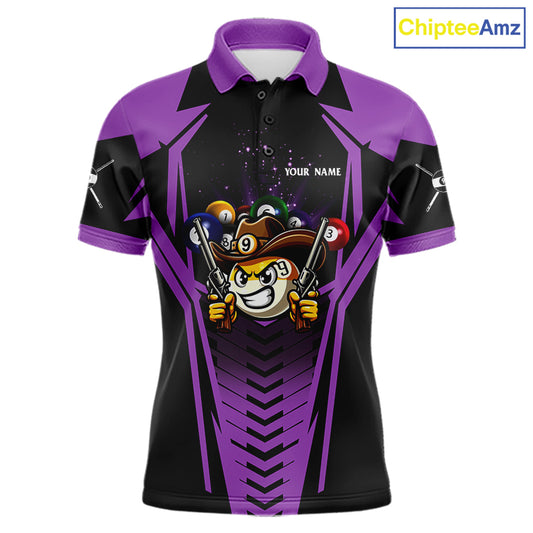 Purple 9 ball cowboy billiard polo shirt for men with funny pool team graphics.
