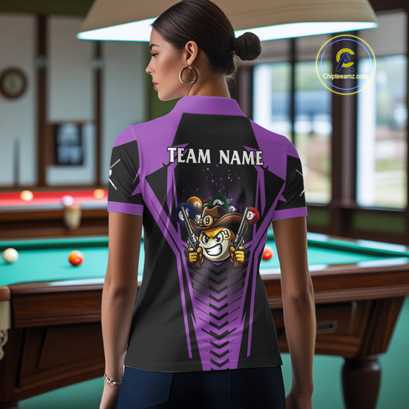 Back view of woman wearing a purple 9 ball cowboy pool shirt in a billiards hall.