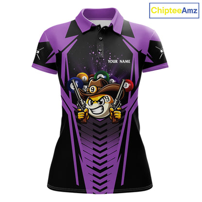 Purple 9 ball cowboy billiard polo shirt for women with funny pool team graphics.