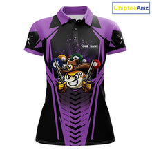 Load image into Gallery viewer, Purple 9 ball cowboy billiard polo shirt for women with funny pool team graphics.