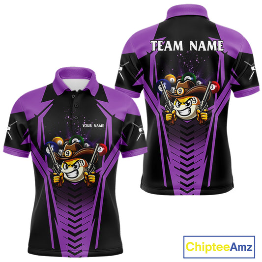 Purple 9 ball cowboy billiard polo shirt for men with funny pool team graphics.