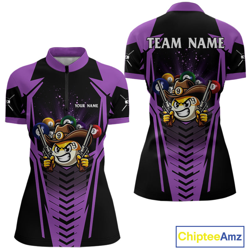 Purple 9 ball cowboy billiard quarter zip shirt for women built for tournaments and league competition.