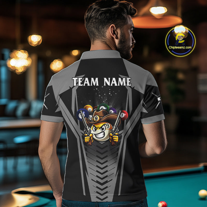 Back view of man wearing a grey 9 ball cowboy pool shirt in a billiards hall.