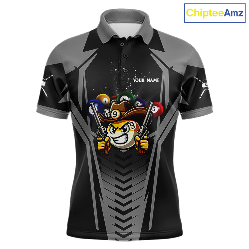 Grey 9 ball cowboy billiard polo shirt for men with funny pool team graphics.