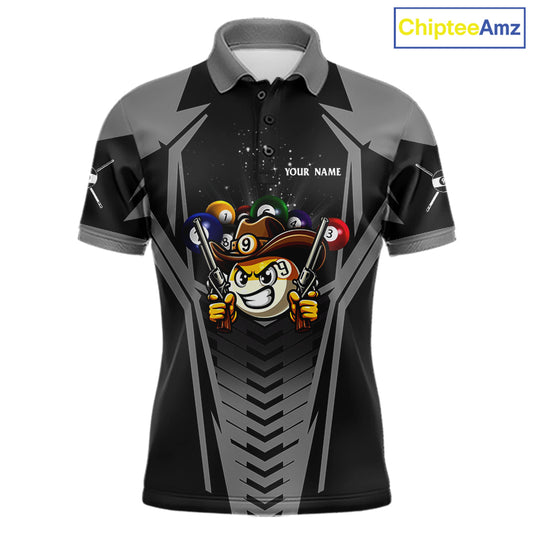 Grey 9 ball cowboy billiard polo shirt for men with funny pool team graphics.