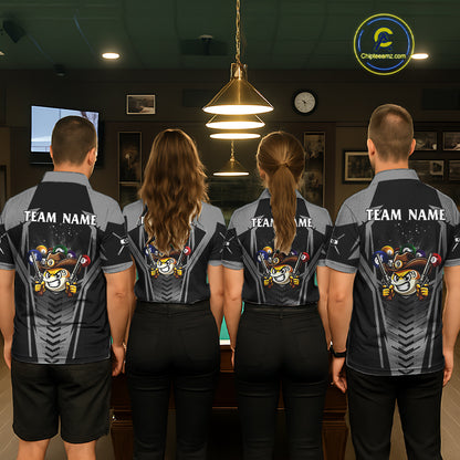 Back view of pool players wearing matching grey cowboy billiard shirts in a game room.