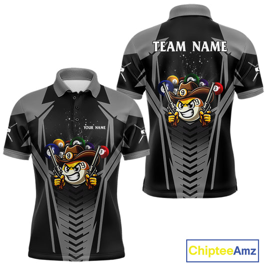 Grey 9 ball cowboy billiard polo shirt for men with funny pool team graphics.