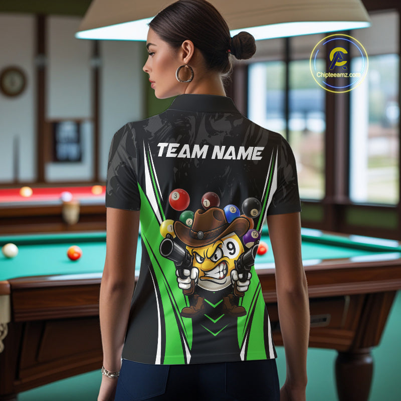 Back view of woman wearing a black and green 8 ball and 9 ball pool shirt in a billiards hall.