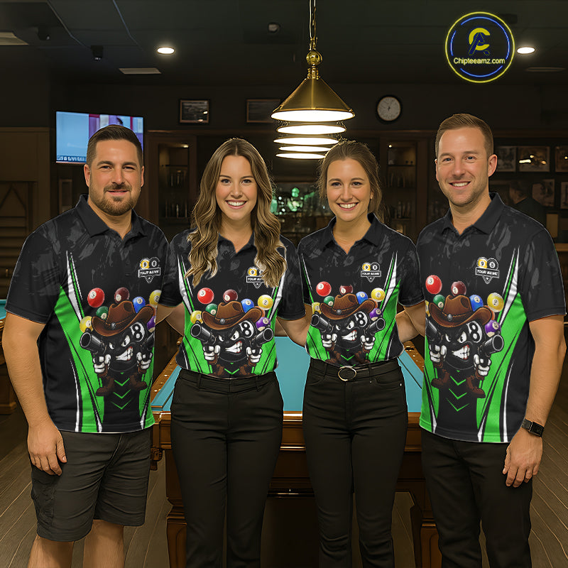 Pool team wearing matching black and green 8 ball and 9 ball billiard jerseys during tournament matches front view.