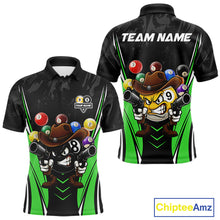 Load image into Gallery viewer, Black and green 8 ball and 9 ball billiard polo shirt for men with custom pool team graphics.