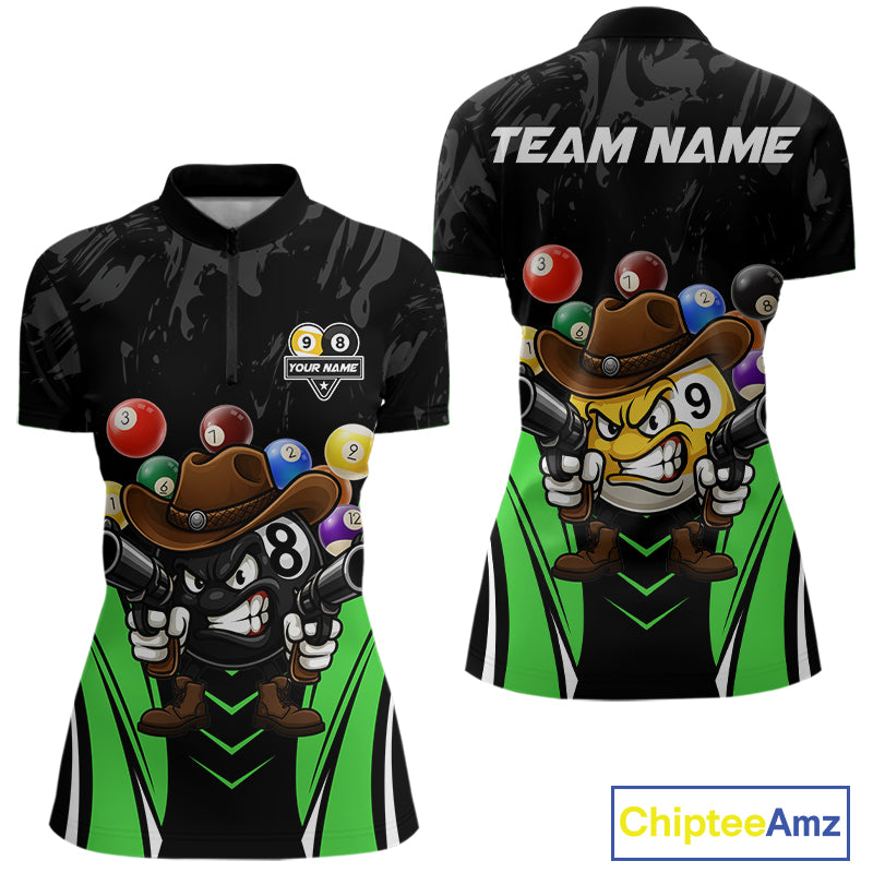 Black and green 8 ball and 9 ball billiard quarter zip shirt for women built for tournaments and league play.