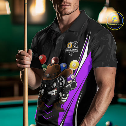 Man wearing a black and purple 8 ball and 9 ball billiard jersey beside a pool table front view.