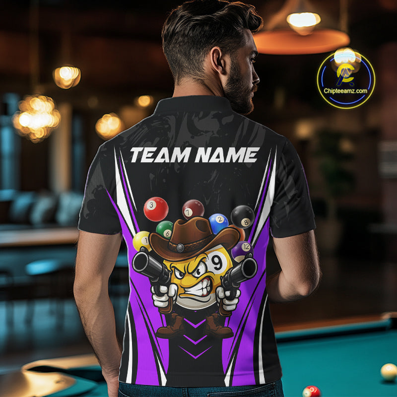 Back view of man wearing a black and purple 8 ball and 9 ball pool shirt in a billiards hall.