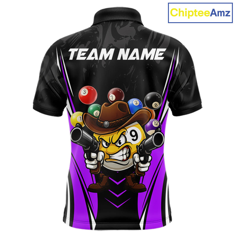 Black and purple 8 ball and 9 ball billiard polo shirt for men with custom pool team graphics.