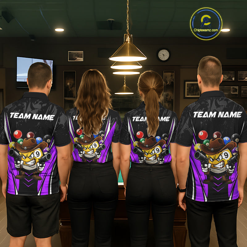 Back view of pool players wearing matching black and purple billiard shirts in a game room.