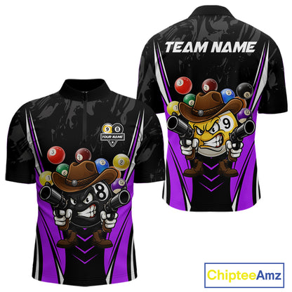 Black and purple 8 ball and 9 ball billiard quarter zip shirt for men designed for league tournaments and team events.