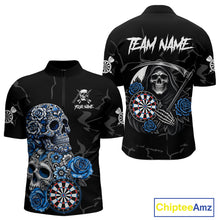 Load image into Gallery viewer, Personalized Blue Funny Skull Roses Darts Shirt For Men Custom Darts Team Jersey, Darts Outfit TDM4355