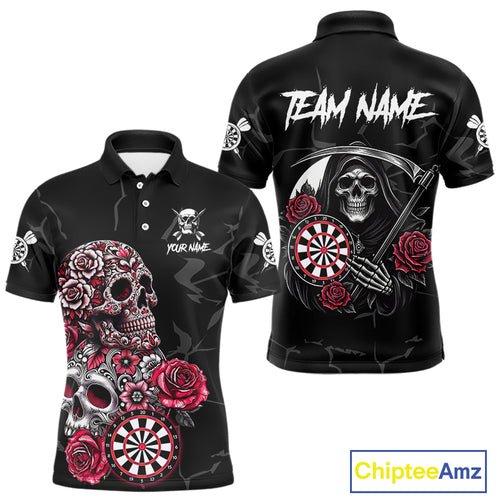 Personalized Red Funny Skull Roses Darts Shirt For Men Custom Darts Team Jersey, Darts Outfit TDM4356