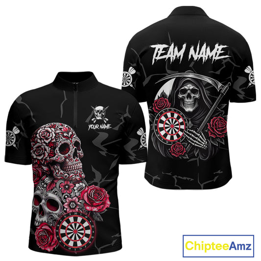 Personalized Red Funny Skull Roses Darts Shirt For Men Custom Darts Team Jersey, Darts Outfit TDM4356