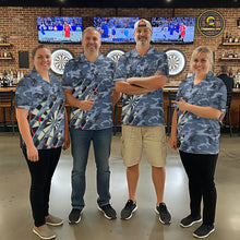 Load image into Gallery viewer, Man wearing personalized blue military camo darts league team jersey quarter zip shirt featuring blue military camouflage artwork, front view.
