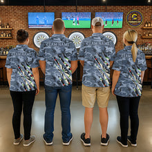 Load image into Gallery viewer, Darts team wearing matching personalized blue military camo darts league team jerseys featuring blue camouflage graphics, front view.