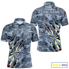 Load image into Gallery viewer, Personalized blue military camo darts league team jersey polo shirt for men featuring blue camouflage artwork, premium custom darts league apparel for tournaments and competitive teams.
