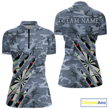 Load image into Gallery viewer, Personalized blue military camo darts league team jersey quarter zip shirt for women featuring blue camouflage graphics, premium custom darts apparel.