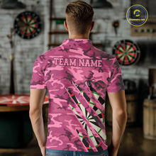 Load image into Gallery viewer, Man wearing personalized pink military camo darts league team jersey polo shirt featuring pink military camouflage artwork, back view.