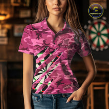 Load image into Gallery viewer, Woman wearing personalized pink military camo darts league team jersey polo shirt featuring pink military camouflage artwork, front view.