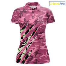 Load image into Gallery viewer, Personalized pink military camo darts league team jersey polo shirt for women featuring pink camouflage artwork, premium custom darts league apparel for tournaments and competitive teams.