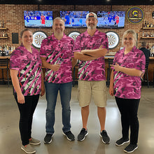 Load image into Gallery viewer, Man wearing personalized pink military camo darts league team jersey quarter zip shirt featuring pink military camouflage artwork, front view.