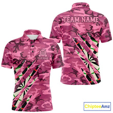 Load image into Gallery viewer, Personalized pink military camo darts league team jersey polo shirt for men featuring pink camouflage artwork, premium custom darts league apparel for tournaments and competitive teams.